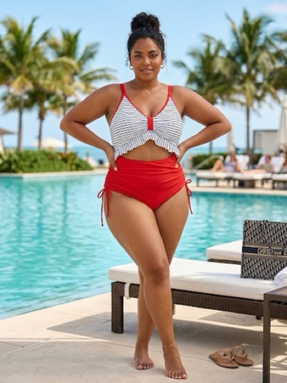 Striped Ruffle Tankini Top & Red High-Waist Swim Bottoms - Women's Swim Set